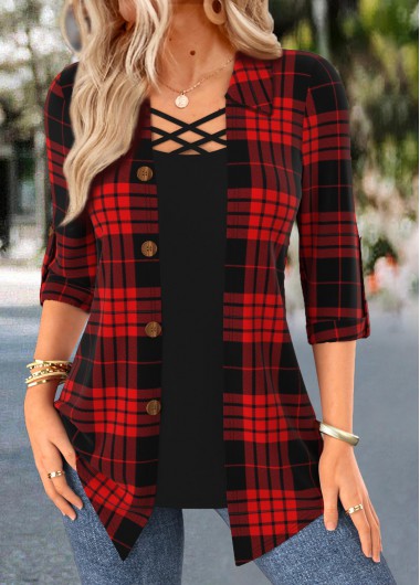Plaid Criss Cross Red Fake Two Piece Twinset Plaid Criss Cross Red Fake Two Piece Twinset