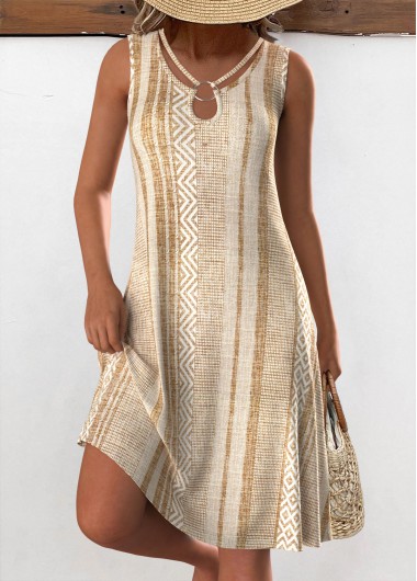 Geometric Print Light Camel Dress