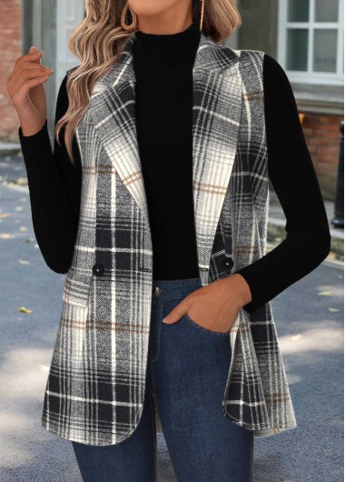 Plaid Tummy Coverage Black Sleeveless Lapel Waistcoat