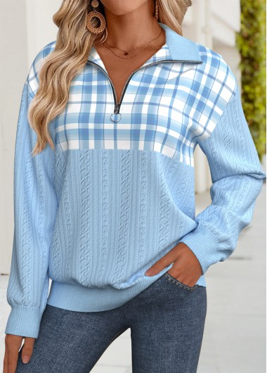 Plaid Tummy Coverage Light Blue Long Sleeve Sweatshirt