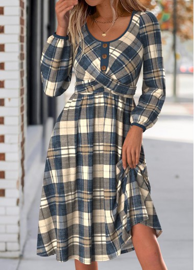 Plaid Tummy Coverage Multi Color Long Sleeve Dress