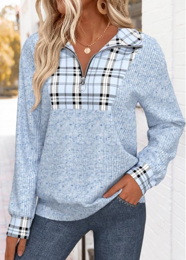 Plus Size Light Blue Tummy Coverage Plaid Sweatshirt Plus Size Light Blue Tummy Coverage Plaid Sweatshirt