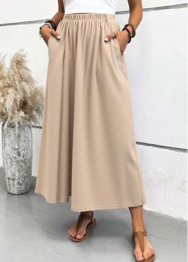 Pocket Light Camel A Line Elastic Waist Maxi Skirt