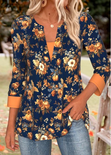 Pumpkin Print Tummy Coverage Navy Long Sleeve T Shirt