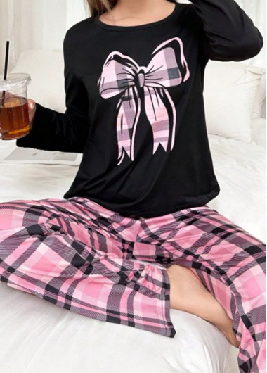 Plaid Black Round Neck Lounge Top and Pants Plaid Black Round Neck Lounge Top and Pants