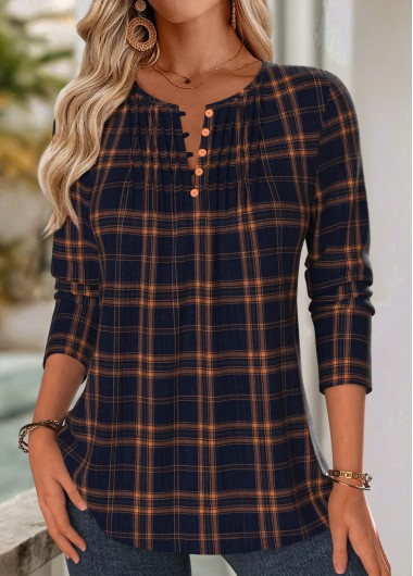 Plaid Tuck Stitch Navy Long Sleeve Split Neck Blouse