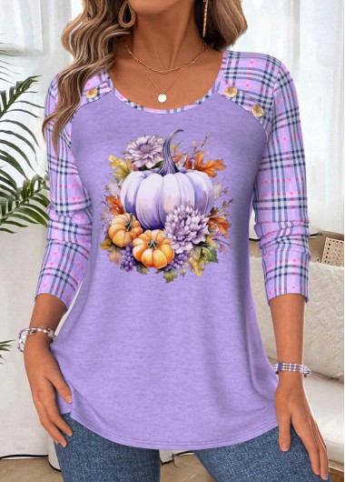 Halloween Pumpkin Print Tummy Coverage Light Purple T Shirt