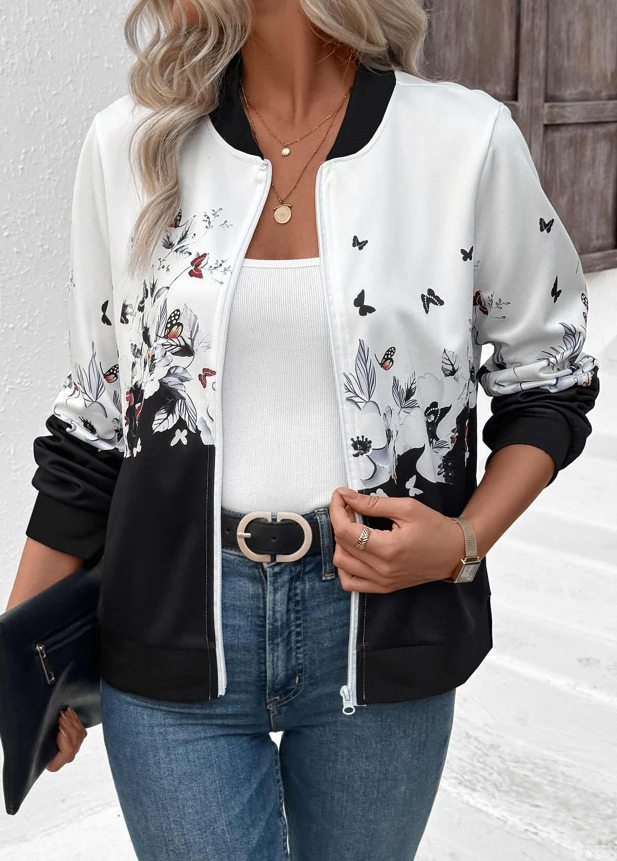 Floral Print Zipper White Long Sleeve Stand Collar Jacket