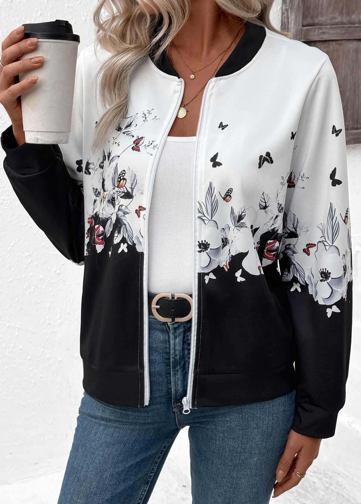 Floral Print Zipper White Long Sleeve Stand Collar Jacket