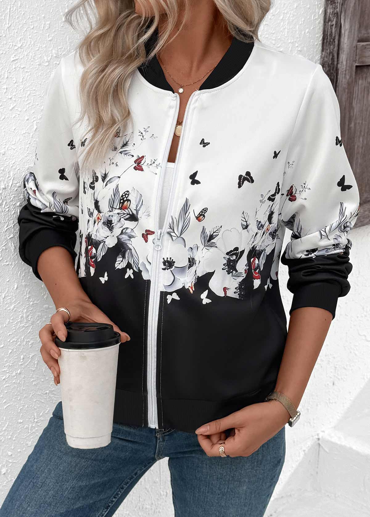 Floral Print Zipper White Long Sleeve Stand Collar Jacket