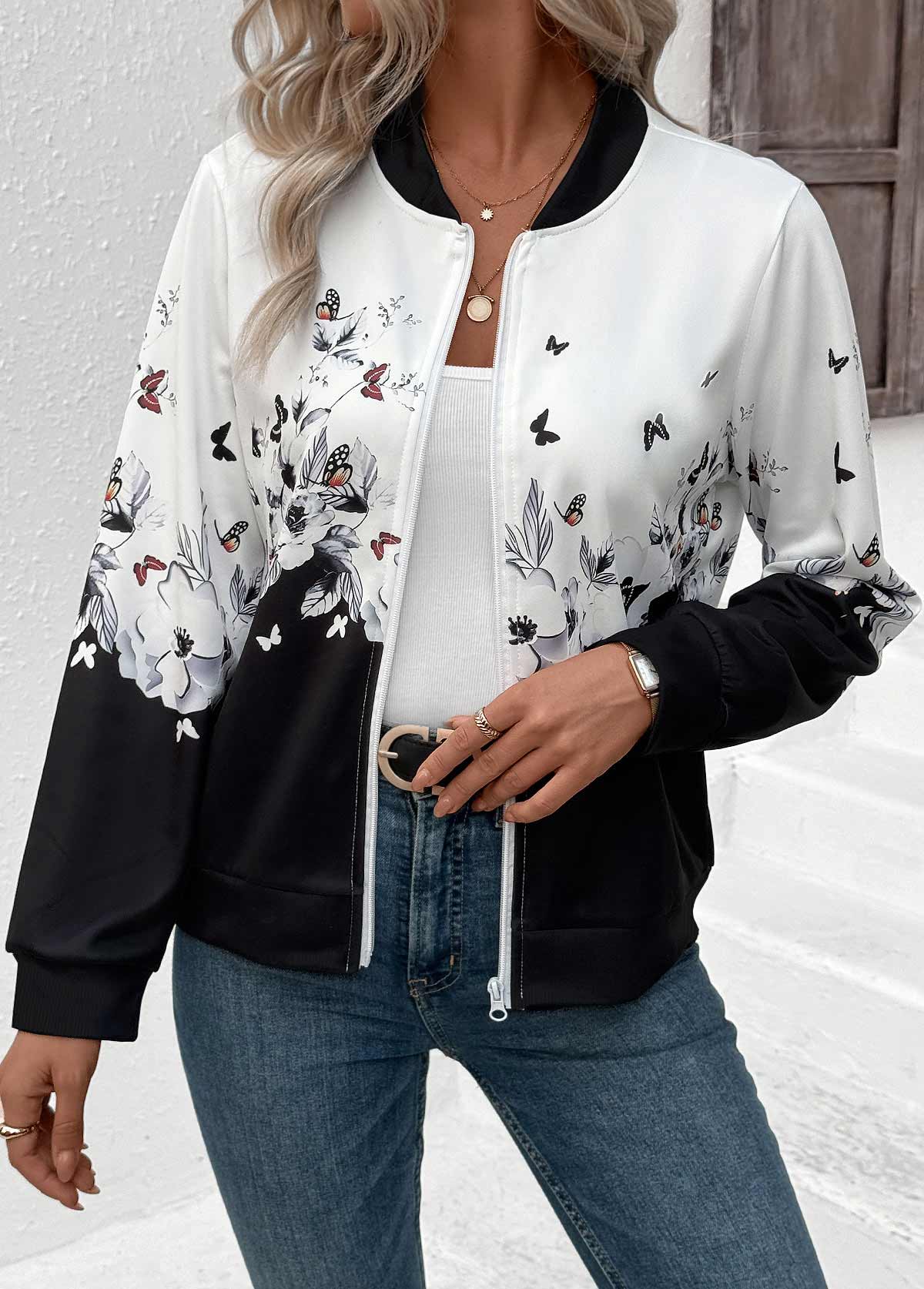 Floral Print Zipper White Long Sleeve Stand Collar Jacket