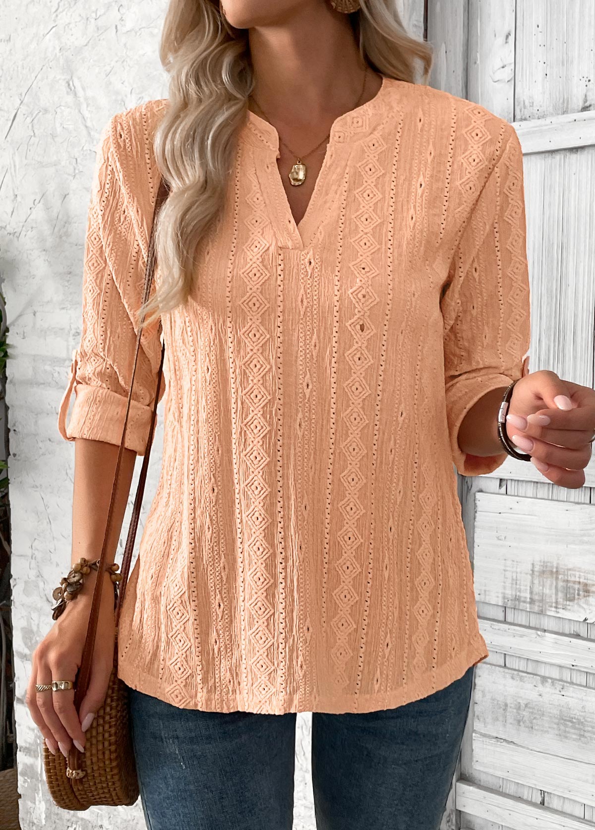 Dusty Pink 3/4 Sleeve Split Neck Blouse