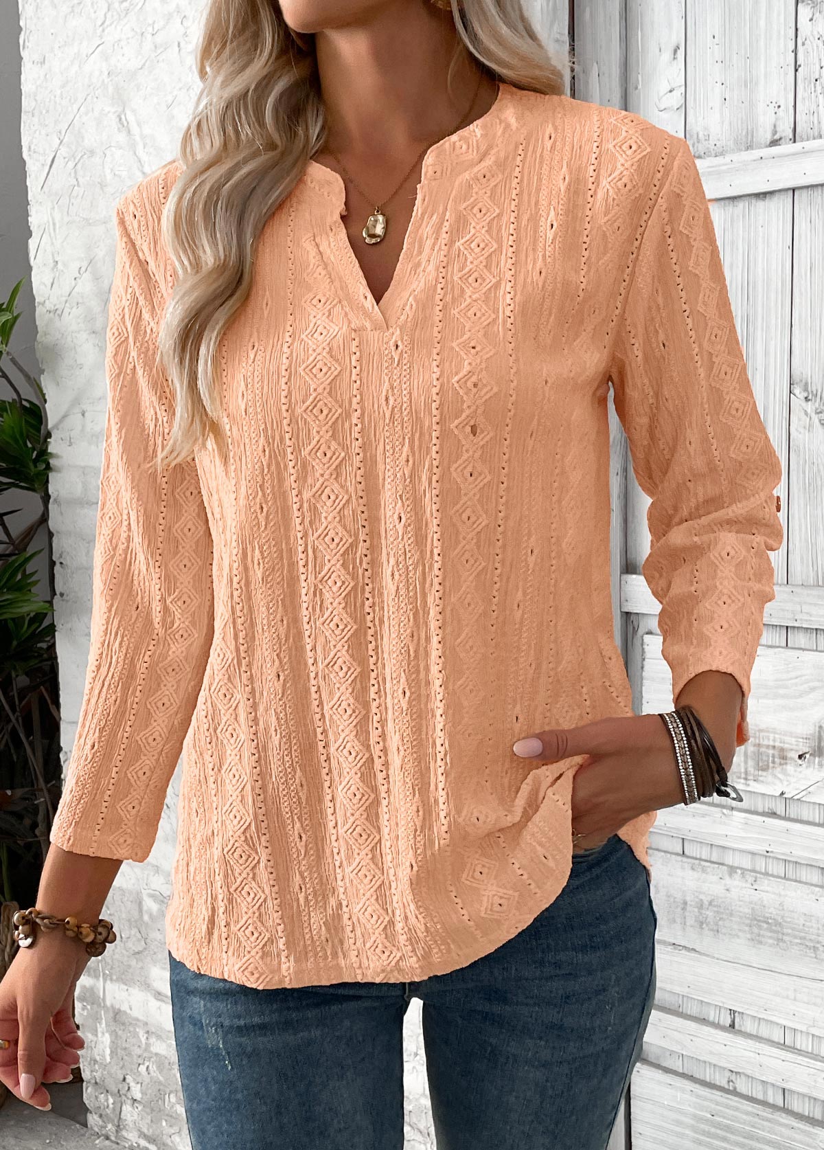 Dusty Pink 3/4 Sleeve Split Neck Blouse