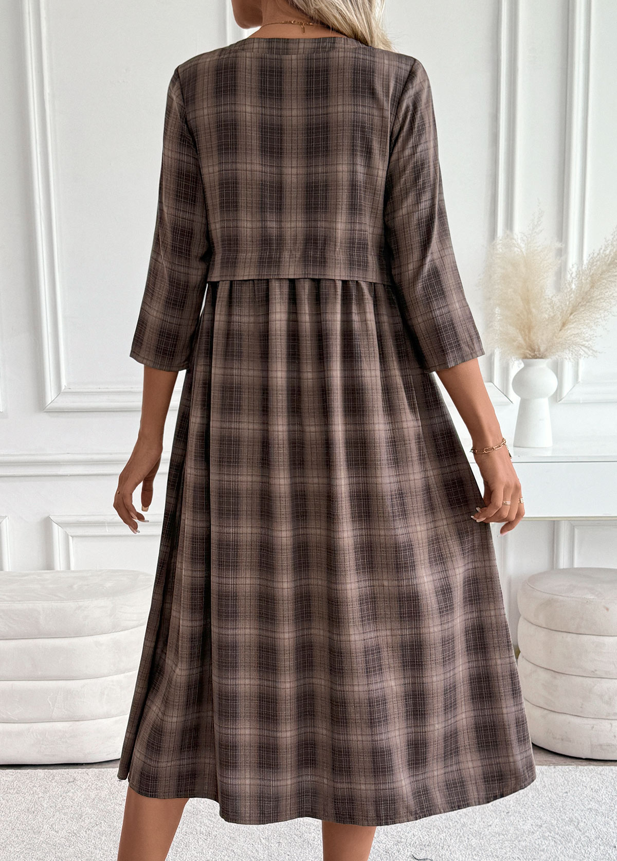 Plaid Tummy Coverage Dark Coffee 3/4 Sleeve Dress