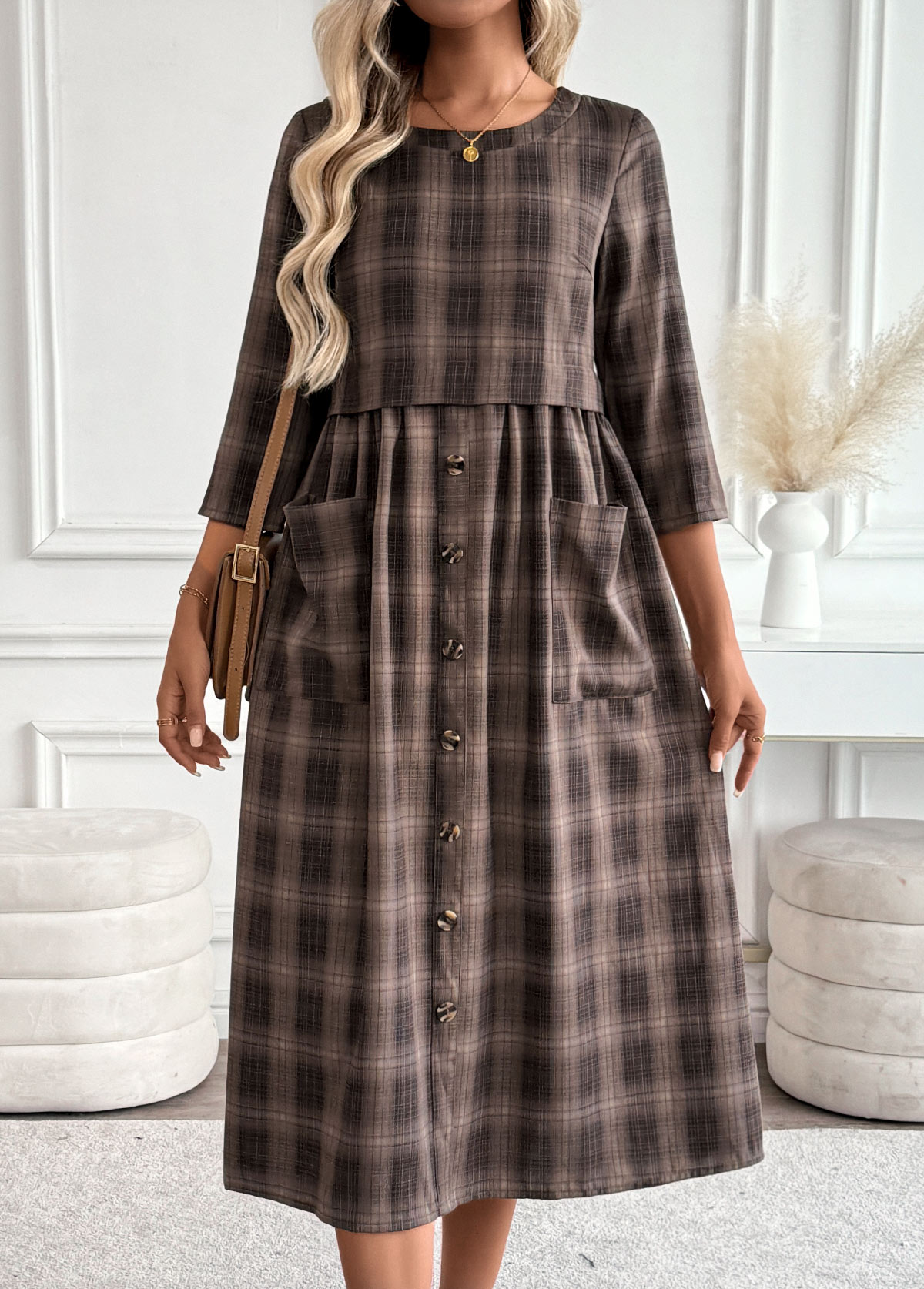 Plaid Tummy Coverage Dark Coffee 3/4 Sleeve Dress
