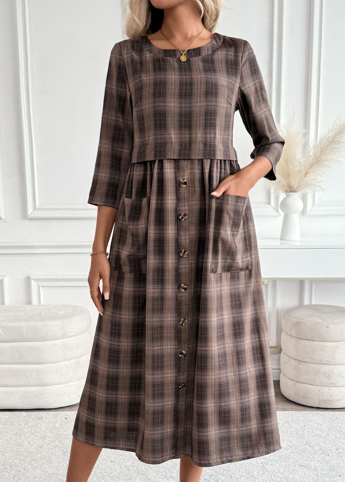 Plaid Tummy Coverage Dark Coffee 3/4 Sleeve Dress