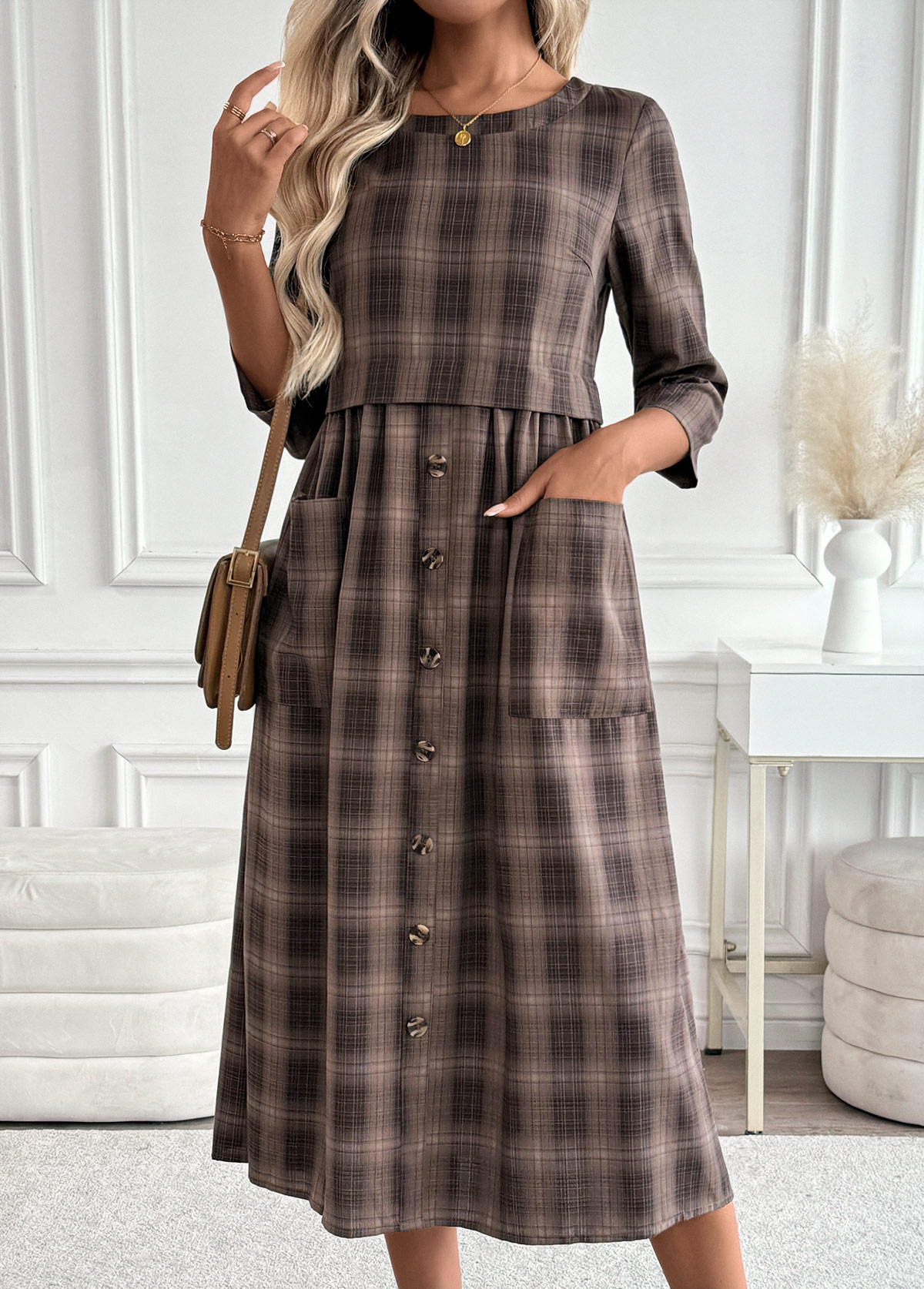 Plaid Tummy Coverage Dark Coffee 3/4 Sleeve Dress