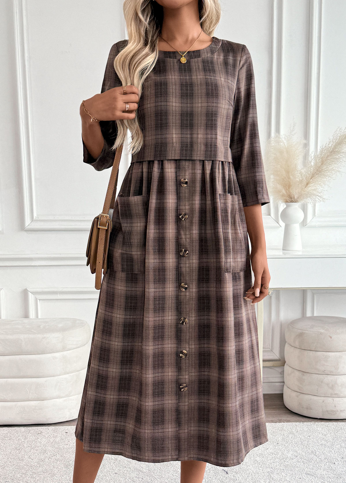 Plaid Tummy Coverage Dark Coffee 3/4 Sleeve Dress