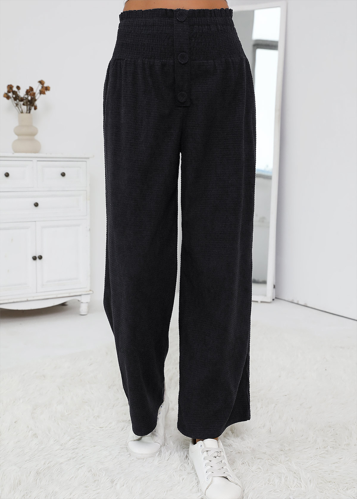 Black Wide Leg Elastic Waist High Waisted Pants