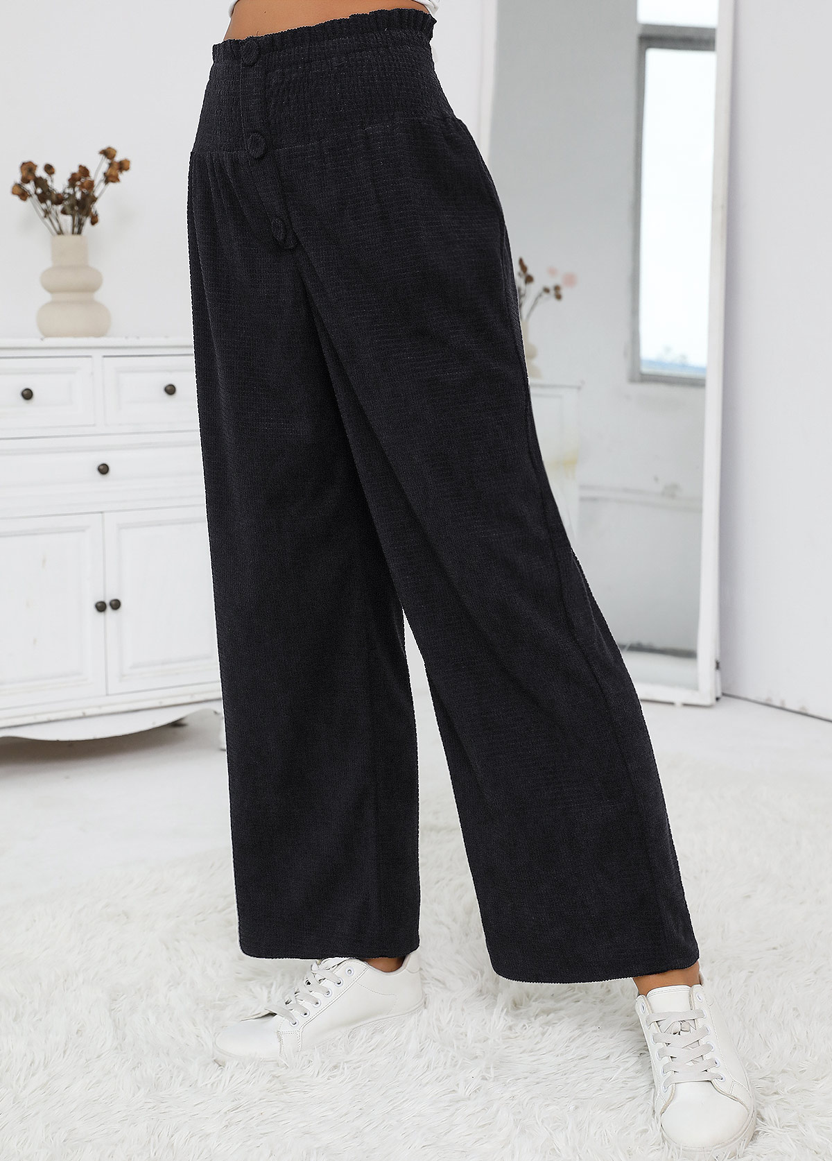 Black Wide Leg Elastic Waist High Waisted Pants