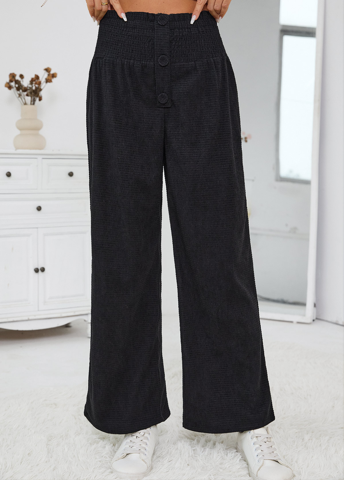 Black Wide Leg Elastic Waist High Waisted Pants