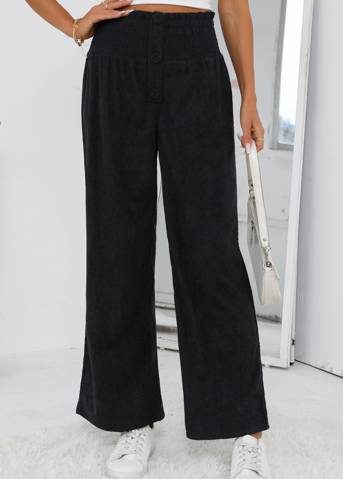 Black Wide Leg Elastic Waist High Waisted Pants