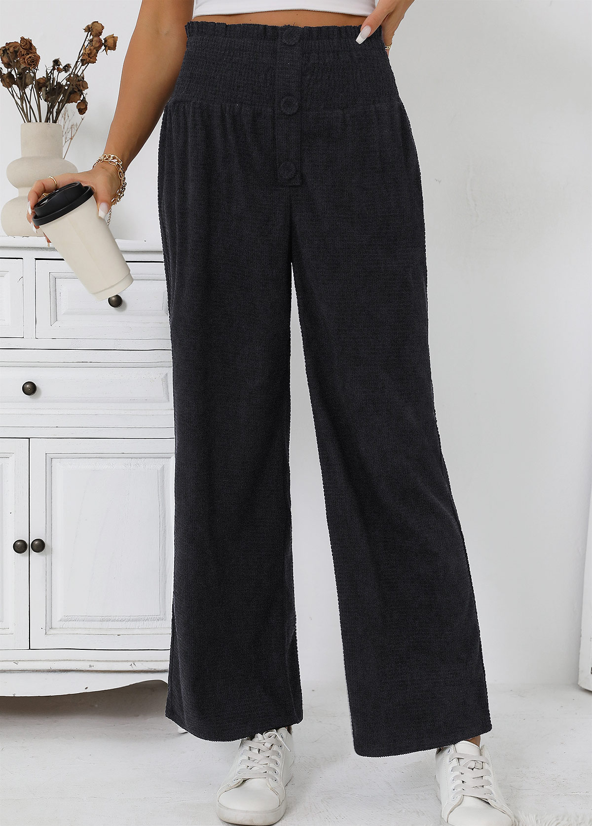 Black Wide Leg Elastic Waist High Waisted Pants