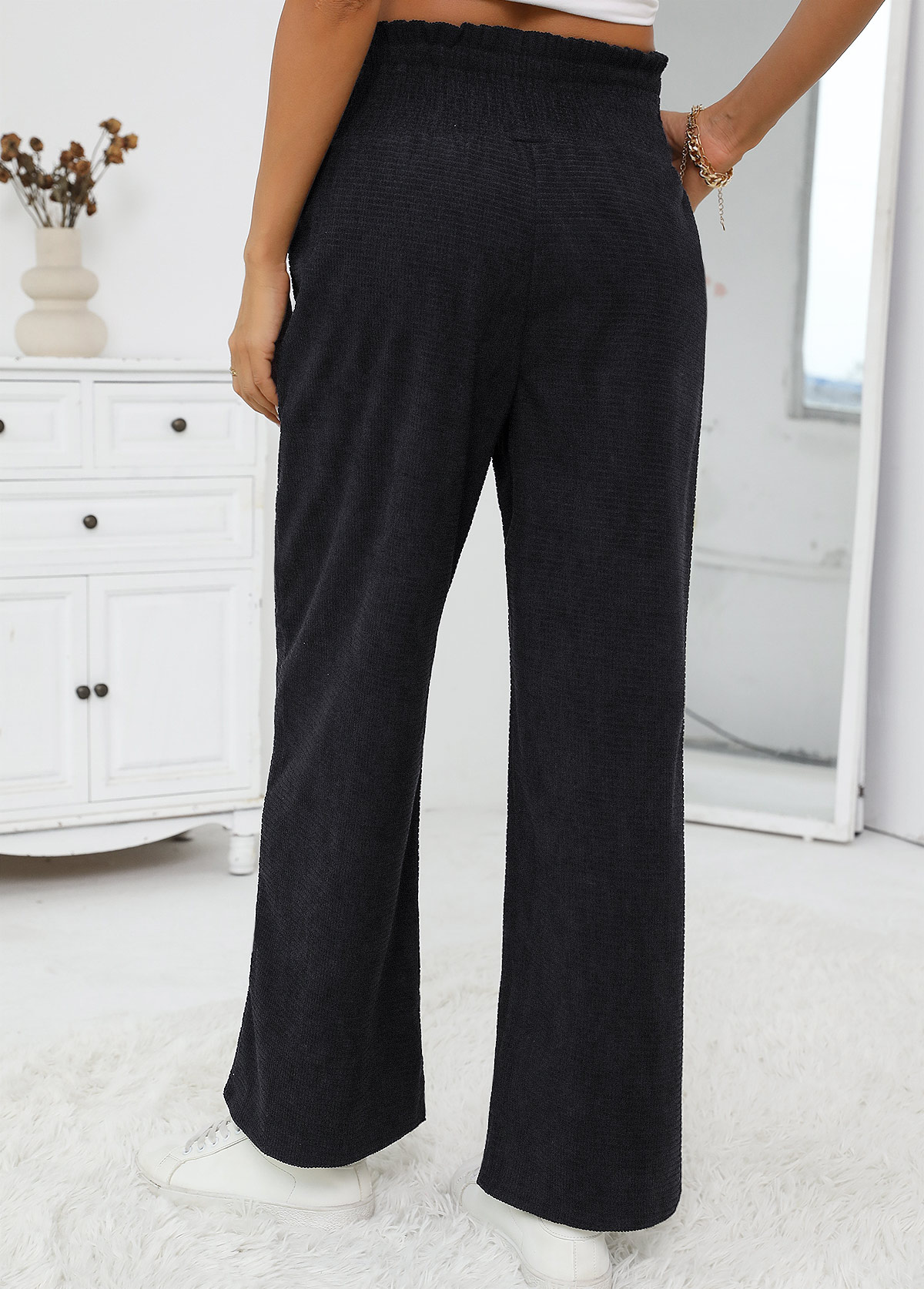 Black Wide Leg Elastic Waist High Waisted Pants