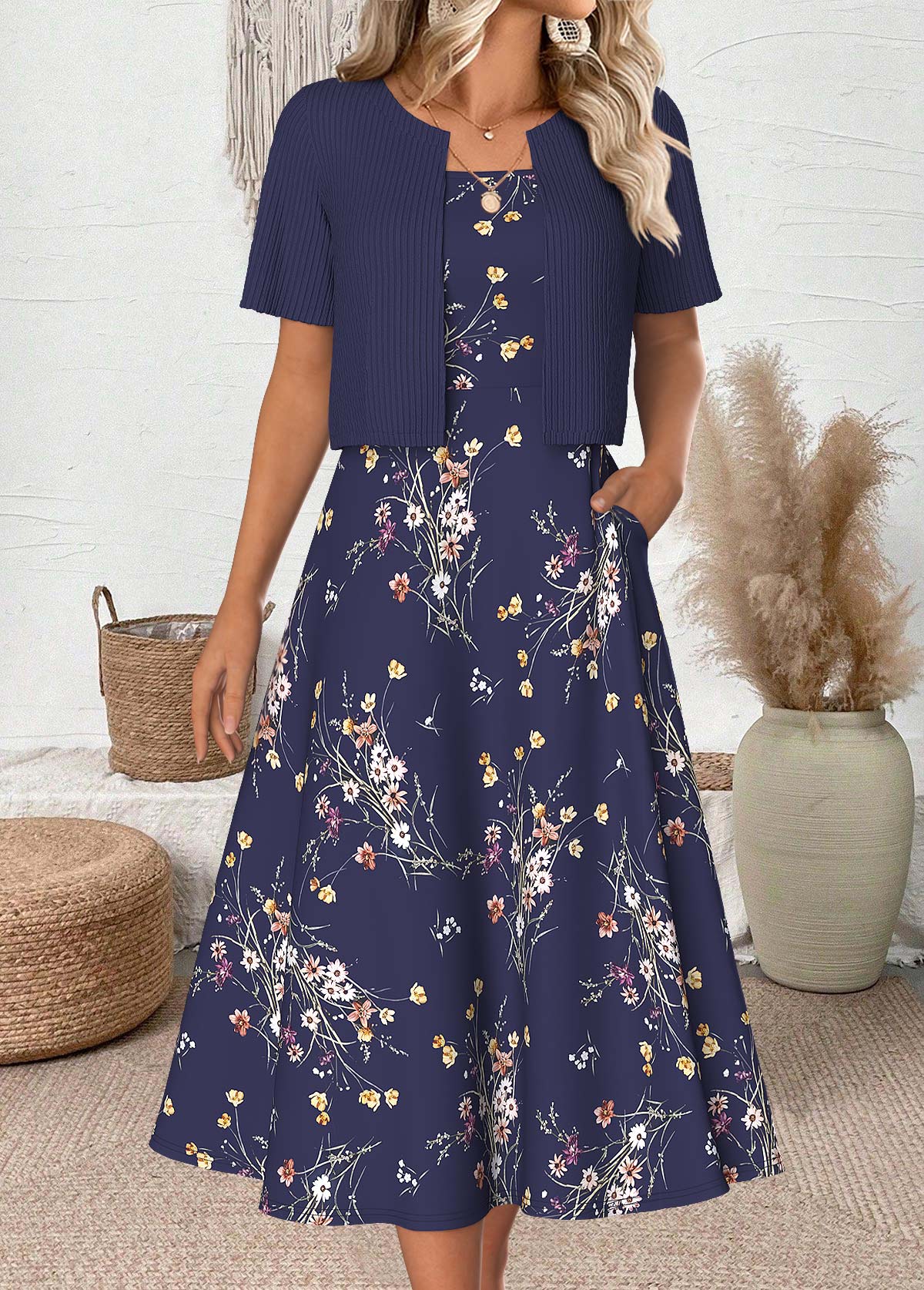 Floral Print Navy Half Sleeve Dress and Cardigan