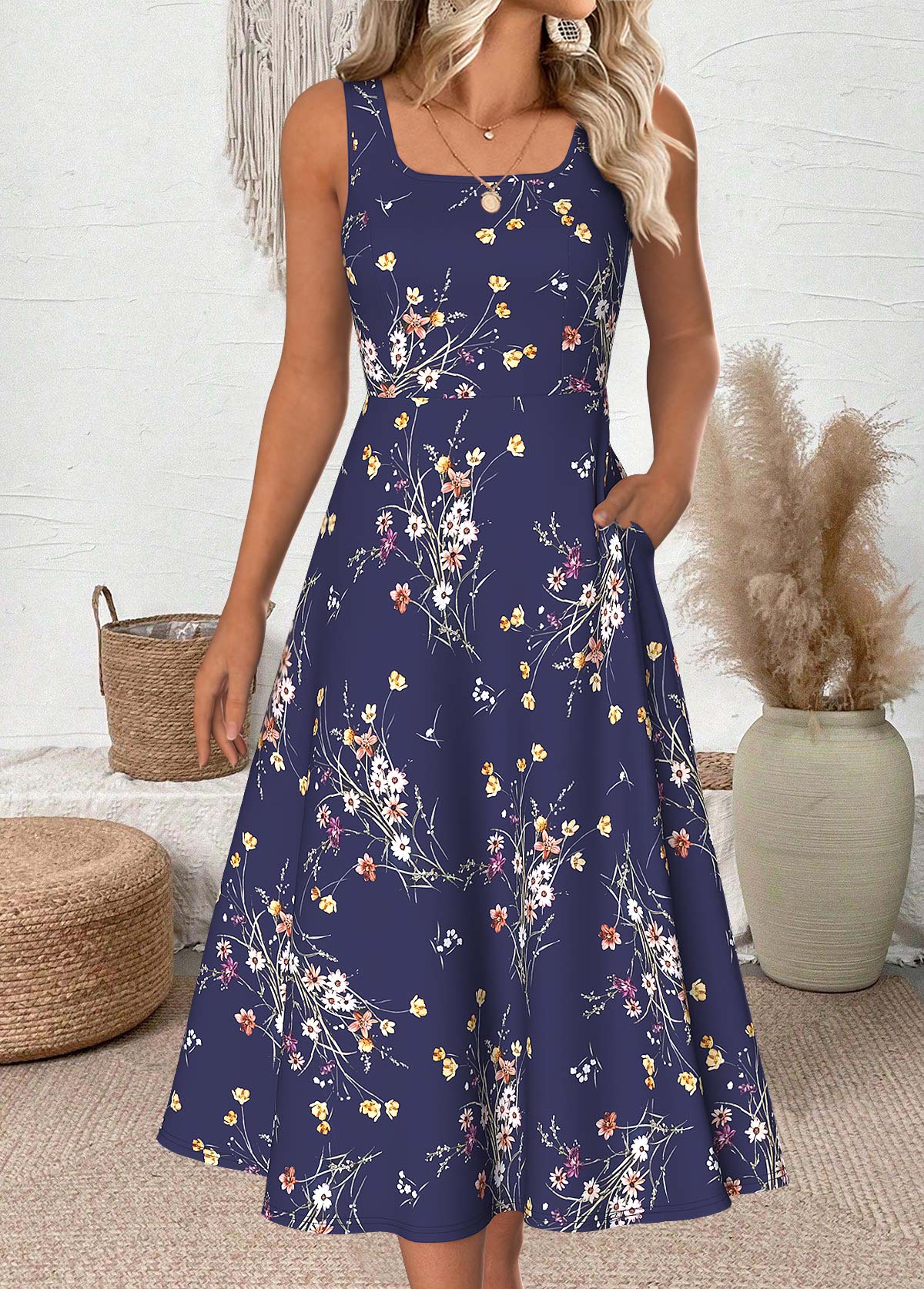 Floral Print Navy Half Sleeve Dress and Cardigan