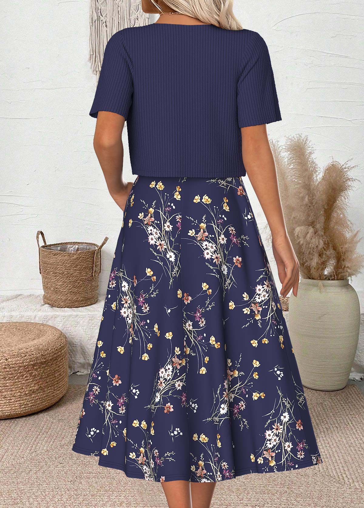 Floral Print Navy Half Sleeve Dress and Cardigan