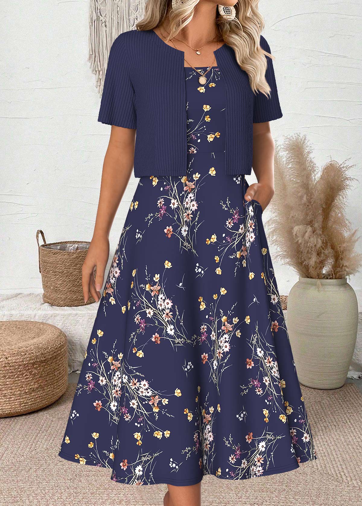 Floral Print Navy Half Sleeve Dress and Cardigan