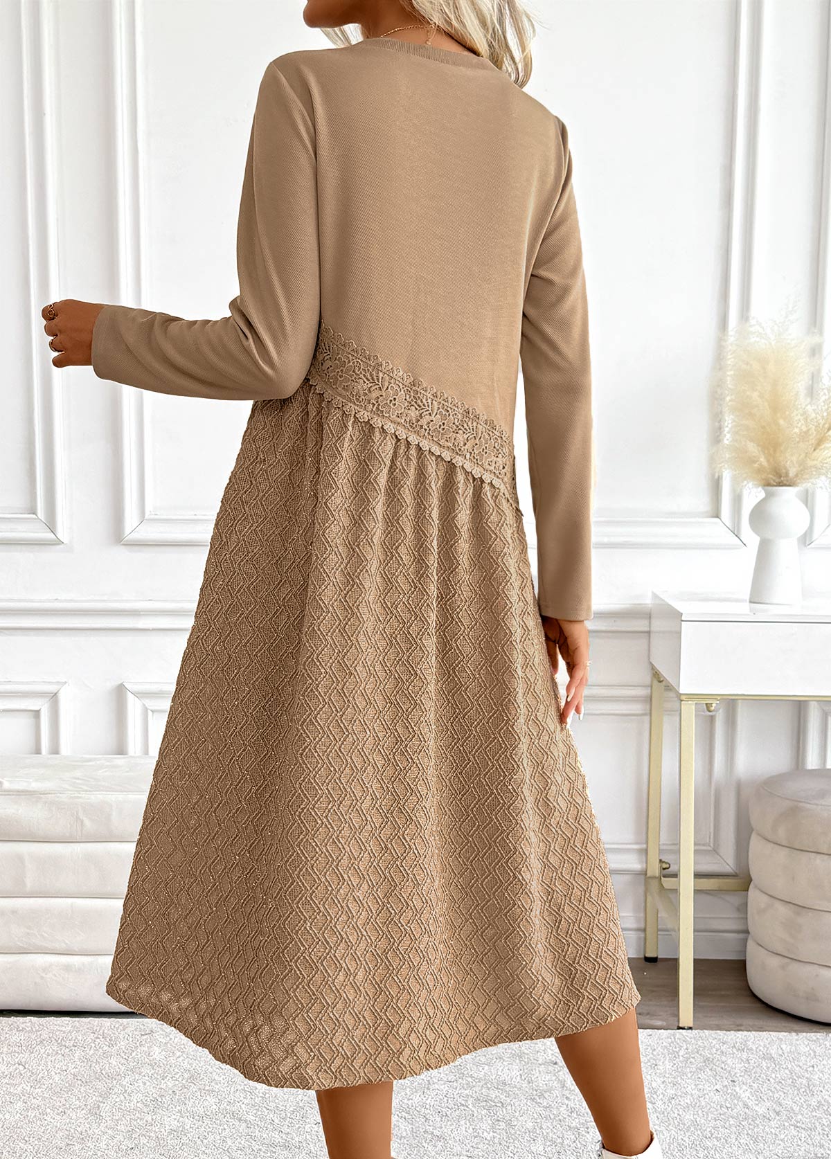 Tummy Coverage Dark Camel Long Sleeve Round Neck Dress