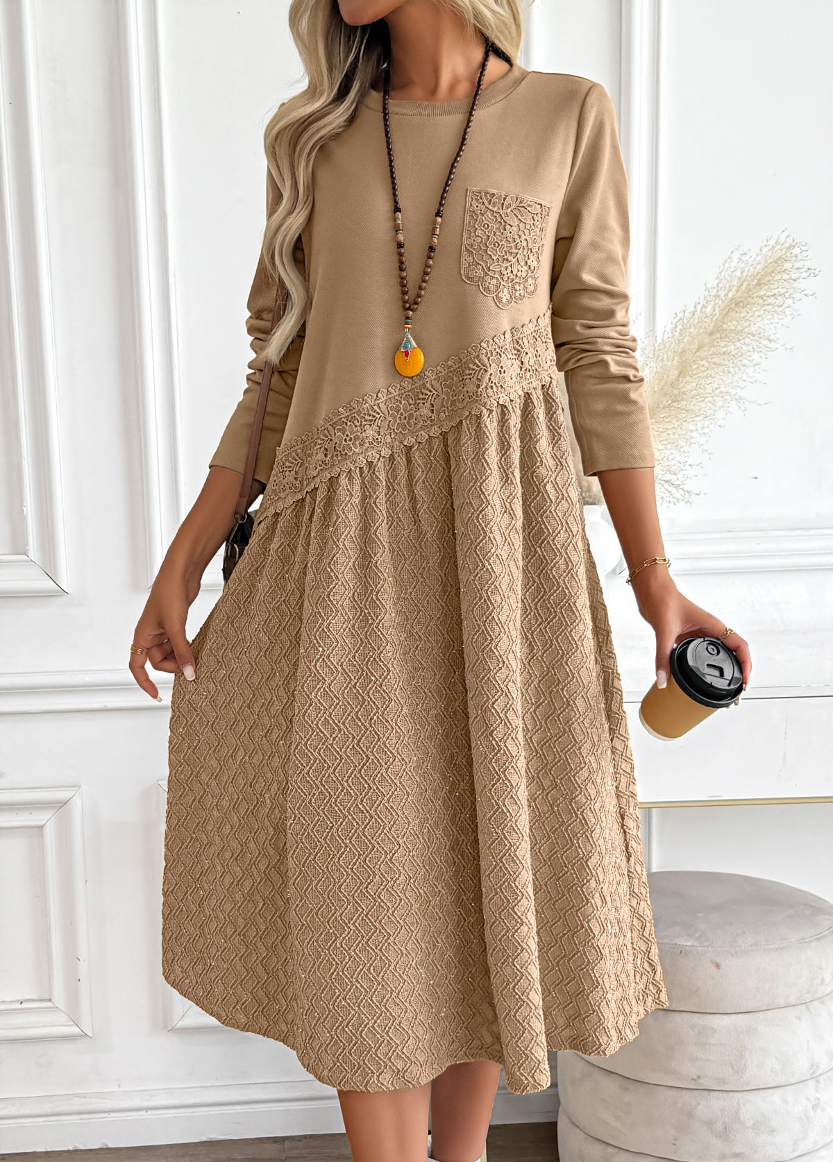Tummy Coverage Dark Camel Long Sleeve Round Neck Dress
