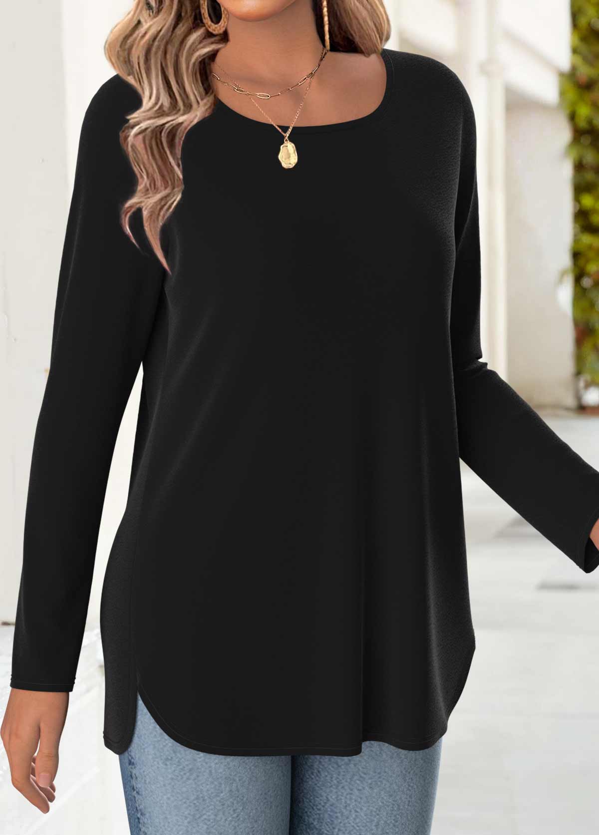 Black 3/4 Sleeve Square Neck T Shirt