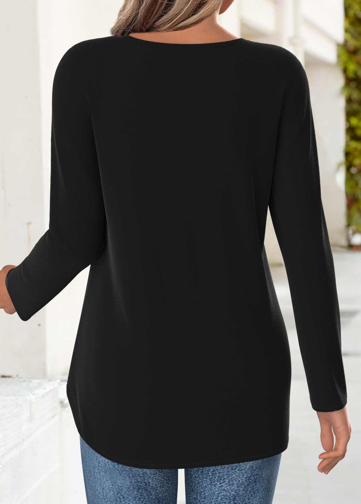 Black 3/4 Sleeve Square Neck T Shirt