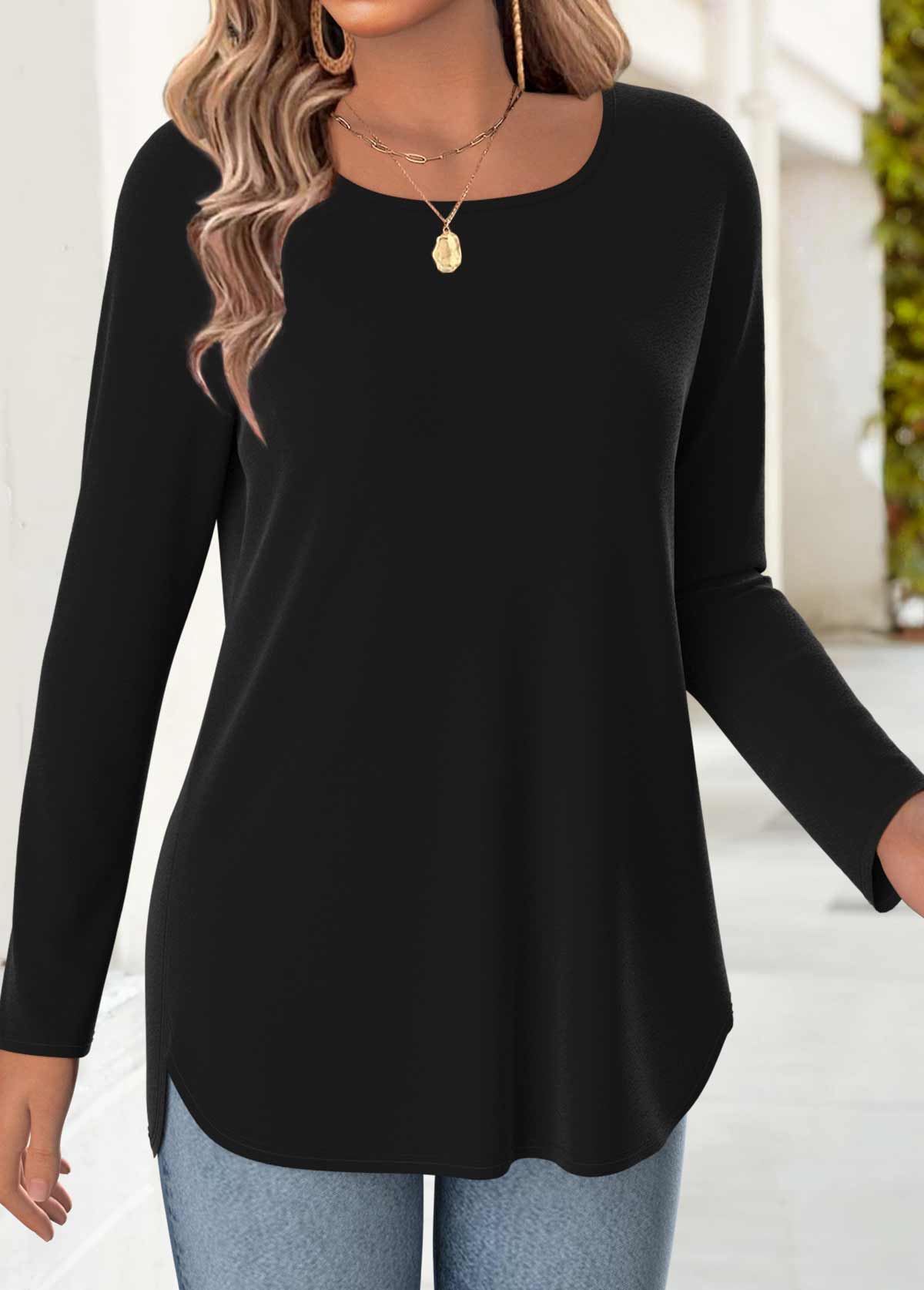 Black 3/4 Sleeve Square Neck T Shirt