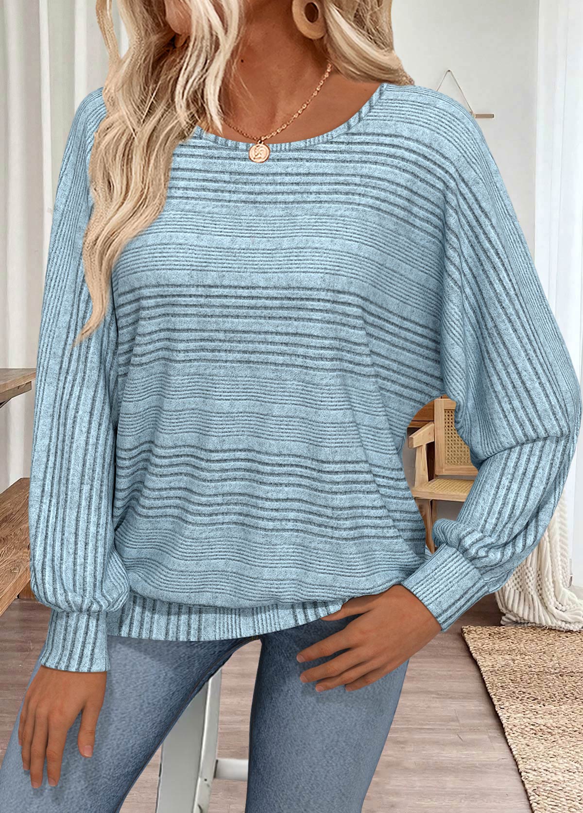 Dusty Blue Long Sleeve Round Neck T Shirt