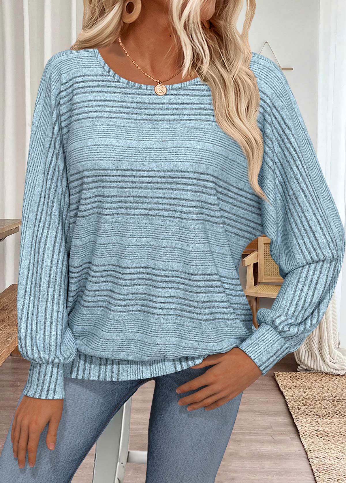 Dusty Blue Long Sleeve Round Neck T Shirt