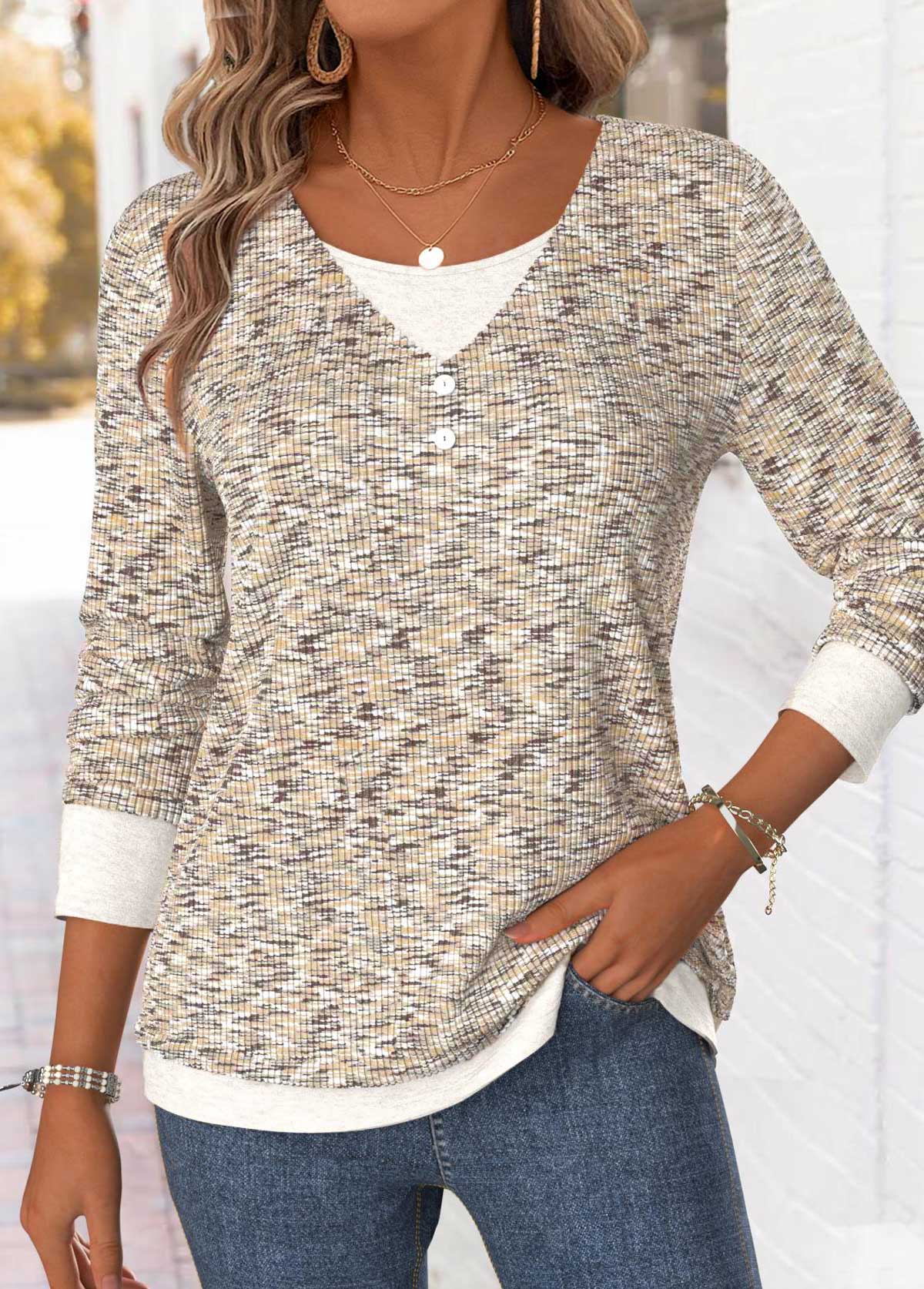 Light Camel Long Sleeve V Neck T Shirt