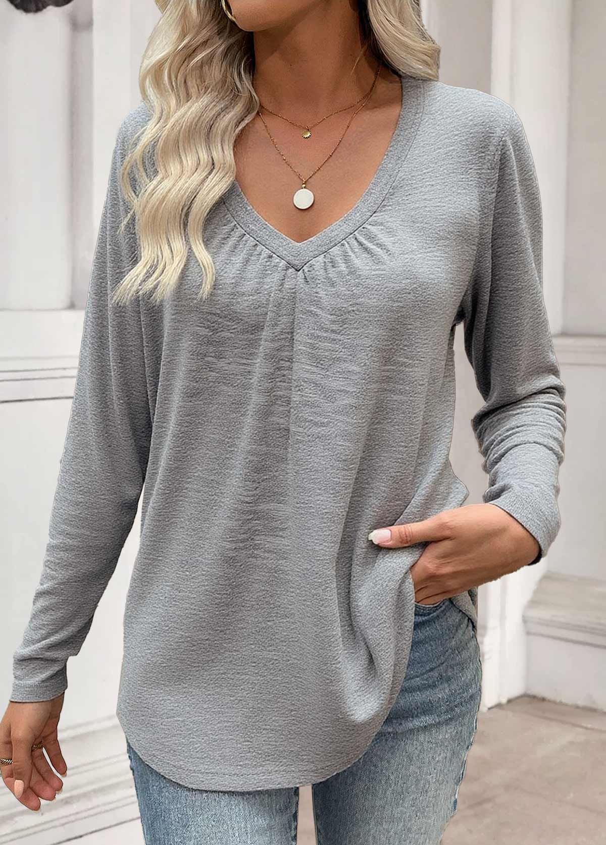 Tummy Coverage Grey Long Sleeve V Neck T Shirt