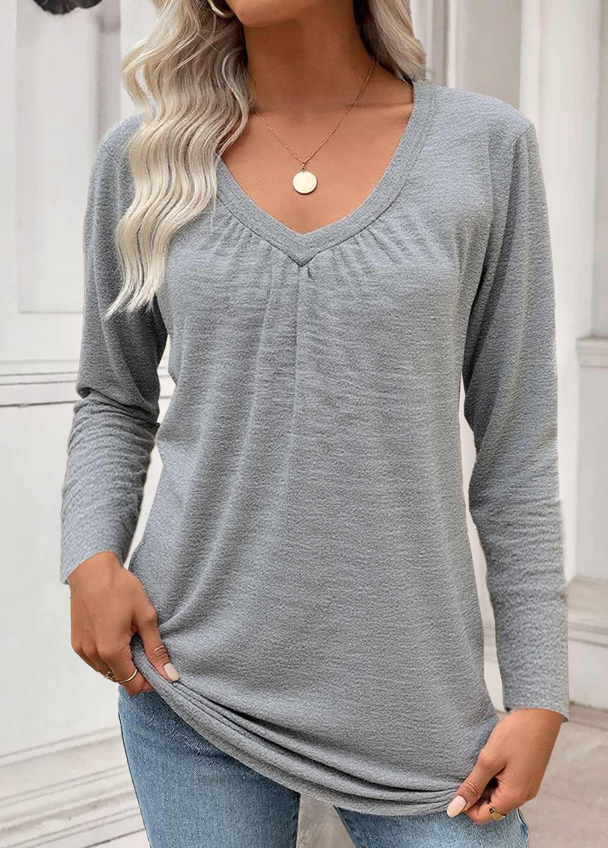 Tummy Coverage Grey Long Sleeve V Neck T Shirt