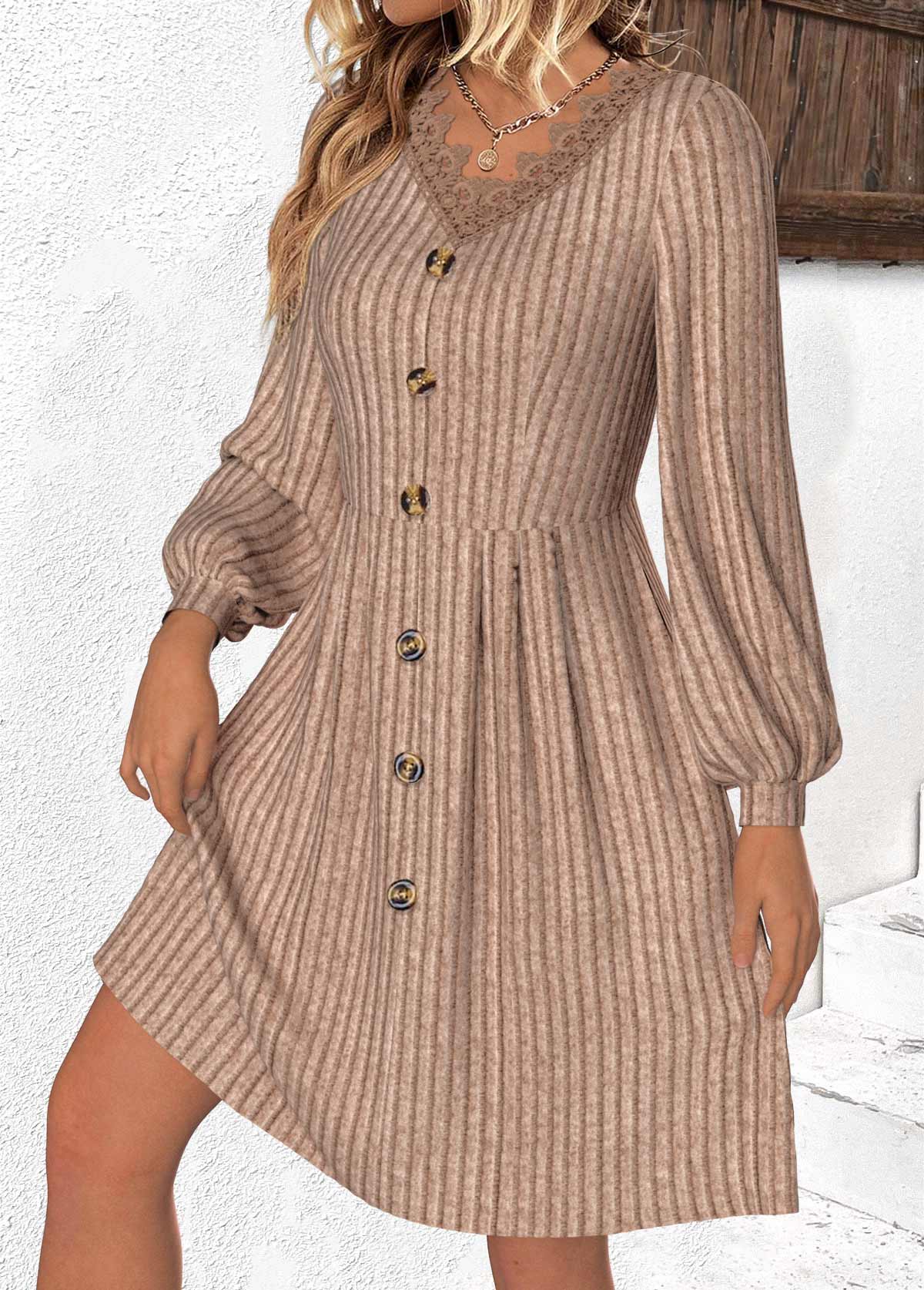 Patchwork Light Coffee Long Sleeve V Neck Dress