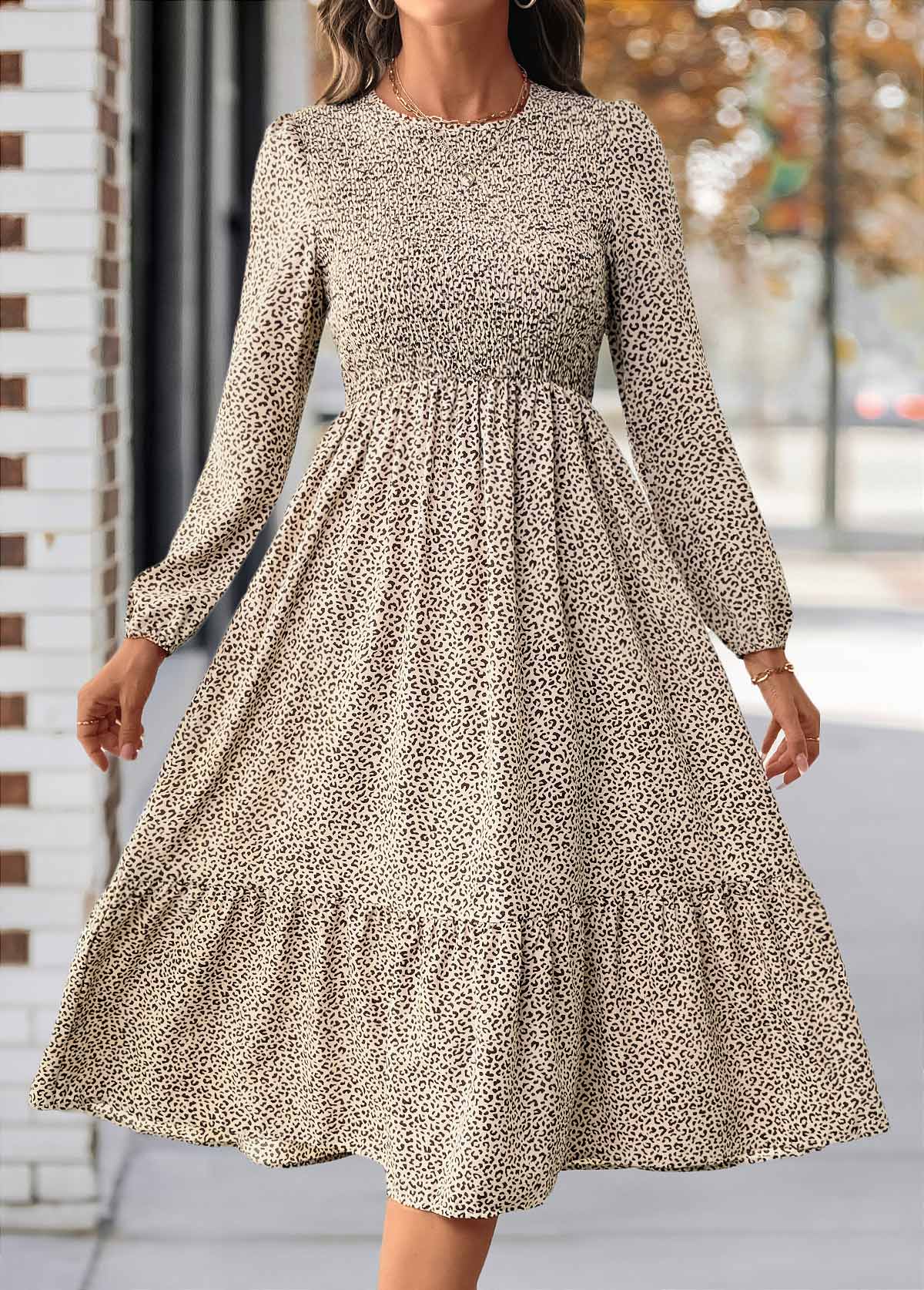 Leopard Tummy Coverage Light Coffee Long Sleeve Dress