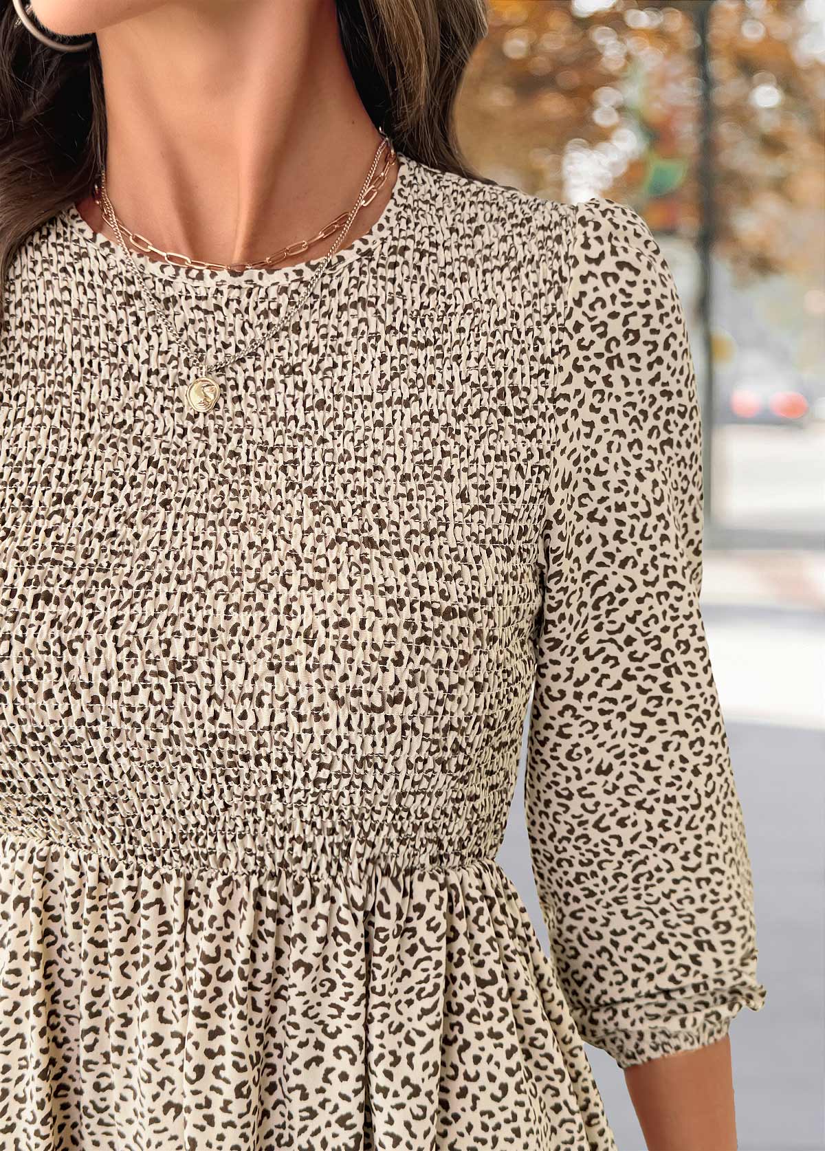Leopard Tummy Coverage Light Coffee Long Sleeve Dress