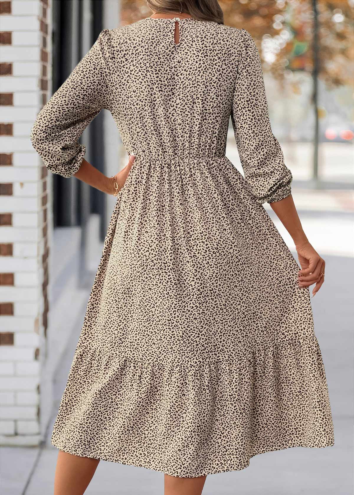 Leopard Tummy Coverage Light Coffee Long Sleeve Dress