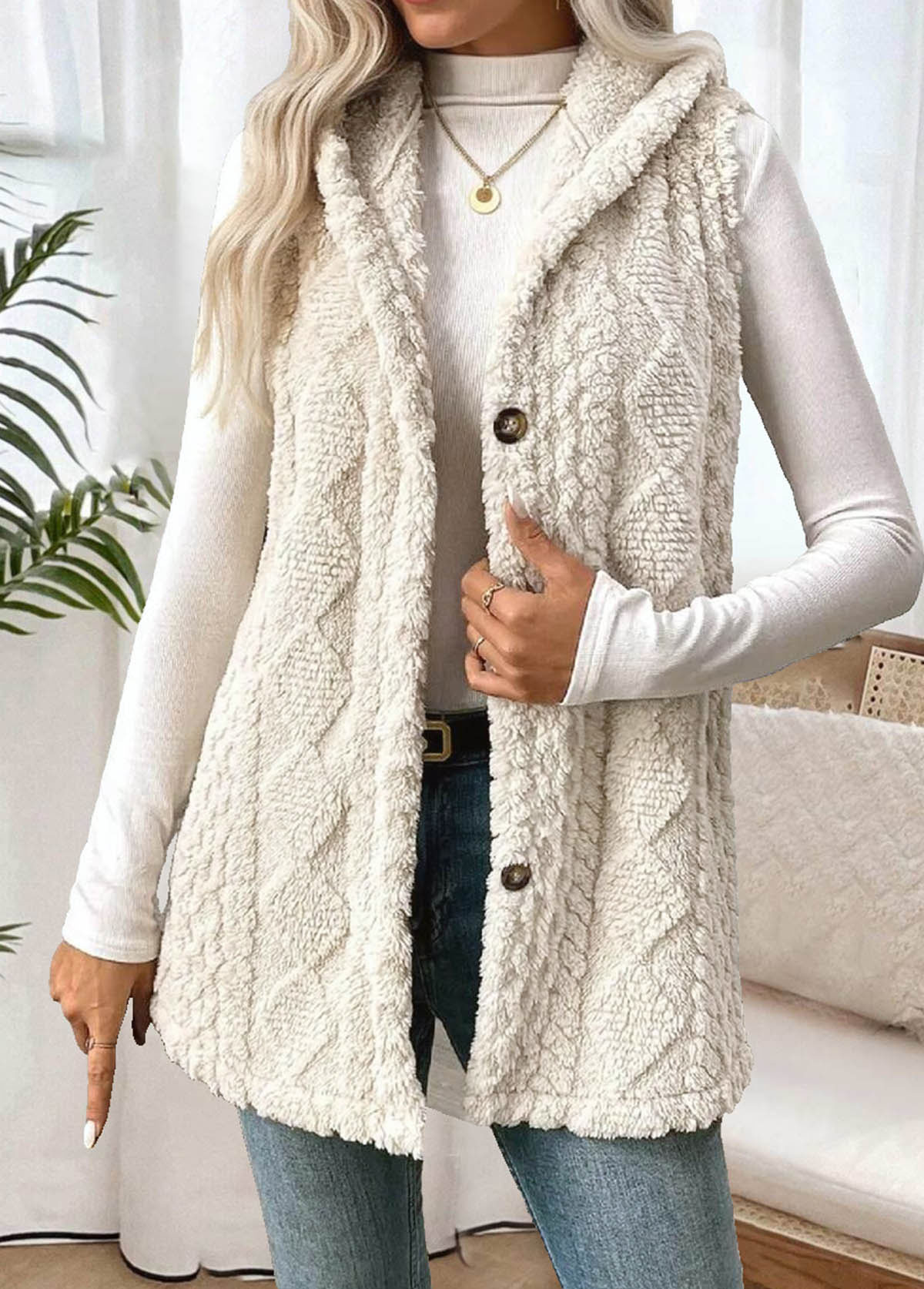 Tummy Coverage Beige Sleeveless Hooded Waistcoat