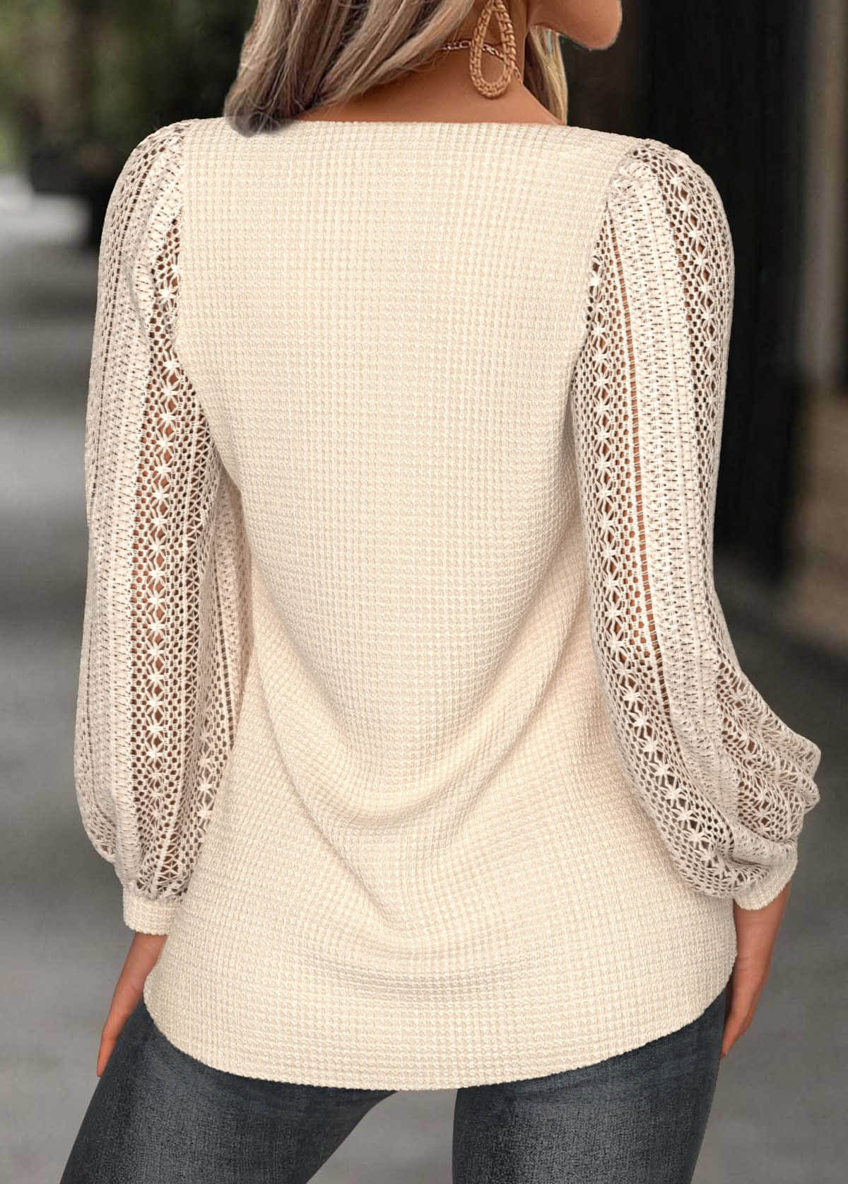 Beige Long Sleeve Heart Collar T Shirt