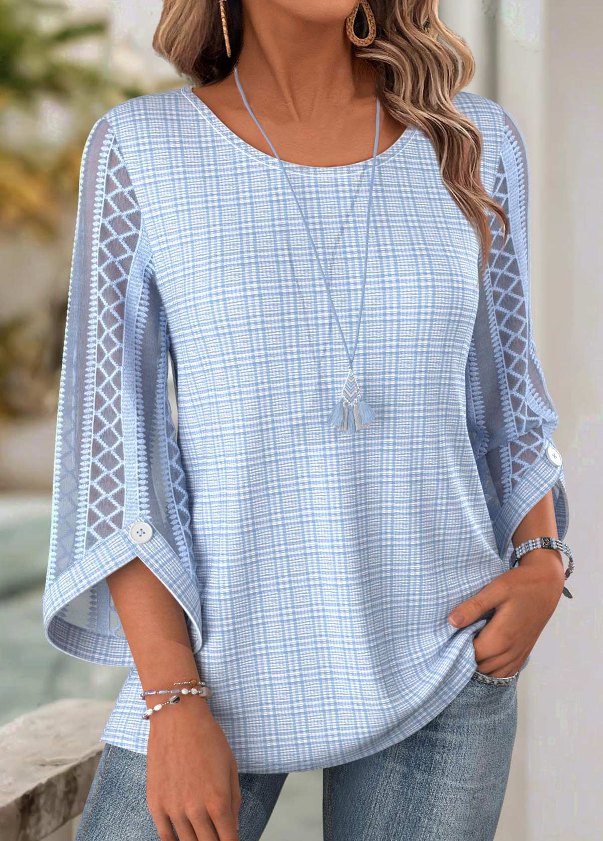 Light Blue 3/4 Sleeve Round Neck Blouse