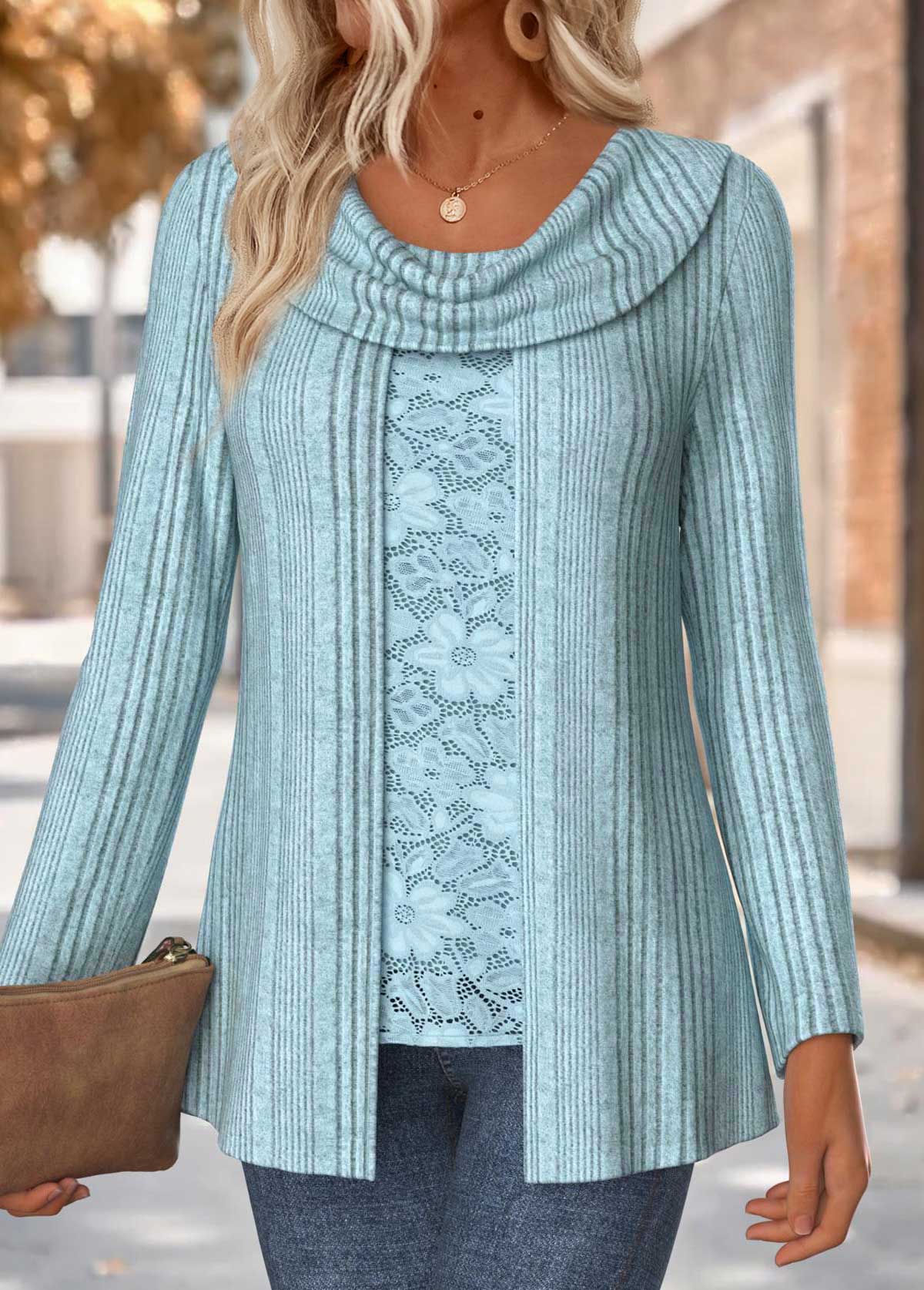 Dusty Blue Long Sleeve Fake Two Piece Twinset